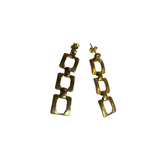 Goldtone Post Pierced Earrings Square Links 2 Inch Drop Dangle - Picture 3 of 6